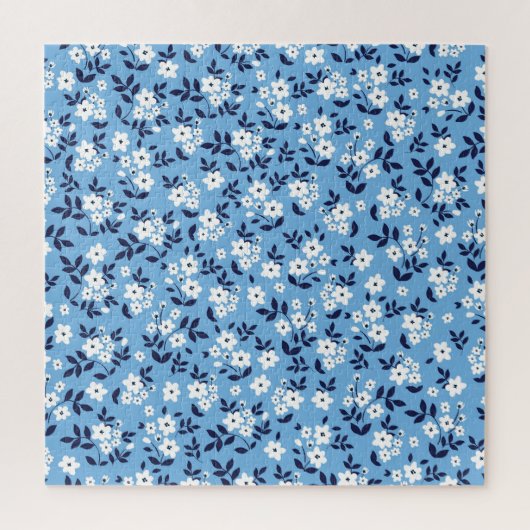 Blauw, witte bloemen: legpuzzel (Verticaal)