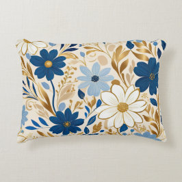 Blauw-witte bloemen met gouden bladeren accent kussen