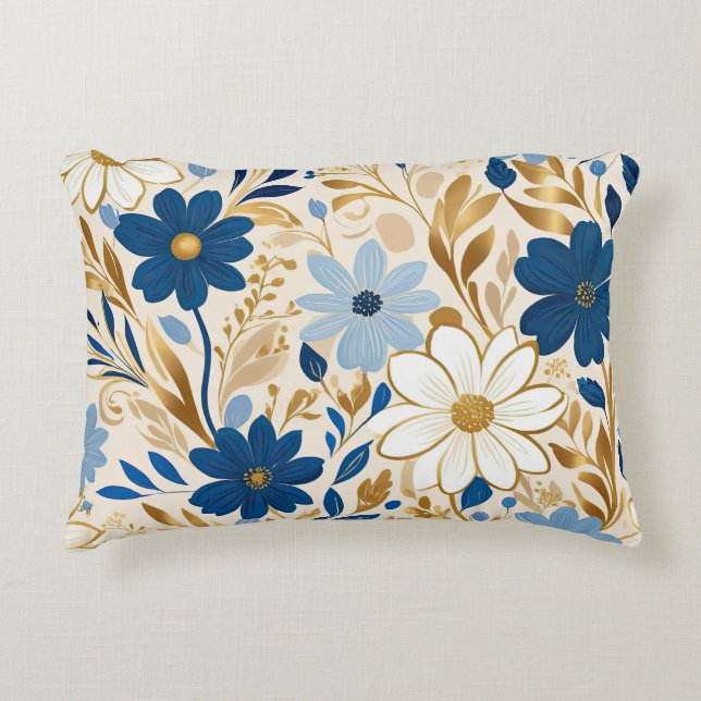 Blauw-witte bloemen met gouden bladeren accent kussen (Voorkant)
