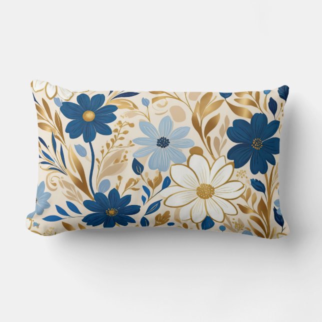 Blauw-witte bloemen met gouden bladeren kussen (Voorkant)