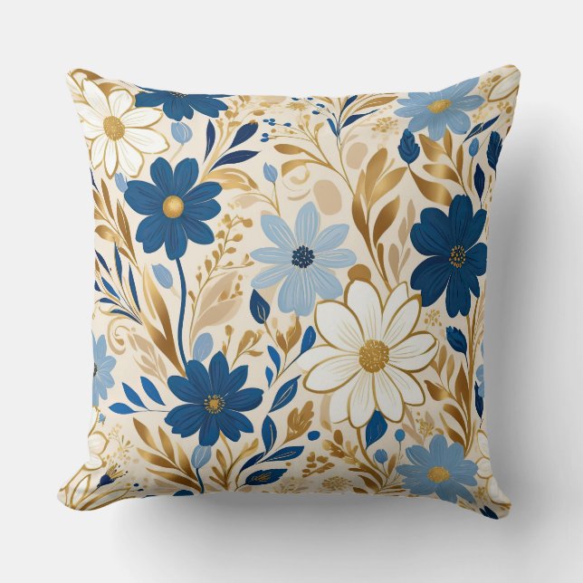 Blauw-witte bloemen met gouden bladeren kussen (Voorkant)