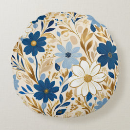 Blauw-witte bloemen met gouden bladeren rond kussen