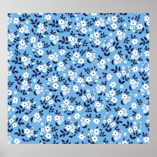 Blauw, witte bloemen: poster