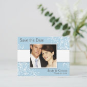 Blauw-witte Bloemen Save the Date Foto Briefkaart (Staand voorkant)