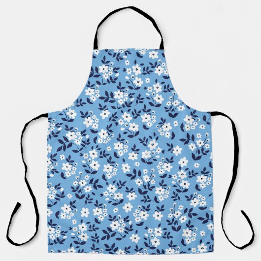 Blauw, witte bloemen:  schort (Voorkant)