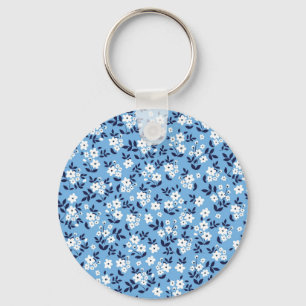 Blauw, witte bloemen: sleutelhanger