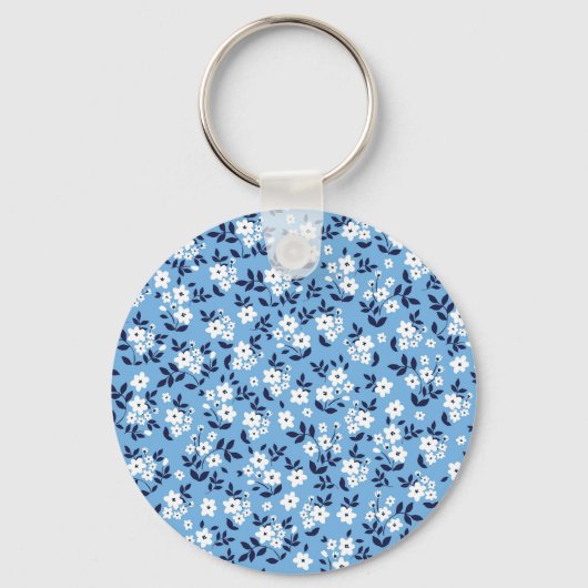 Blauw, witte bloemen:  sleutelhanger (Voorkant)