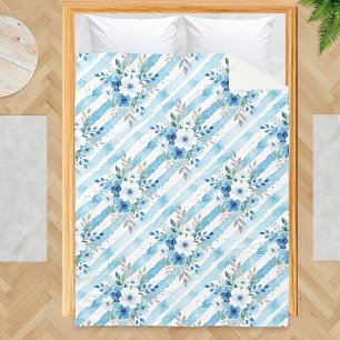 Blauw Witte Bloemen Streep Patroon Kust Fleece Deken