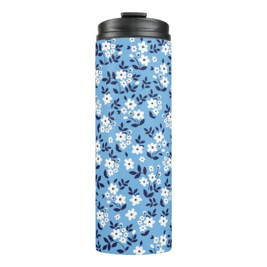 Blauw, witte bloemen: thermosbeker (Voorkant)