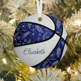 blauw - witte bloemen veet basketbal metalen ornament