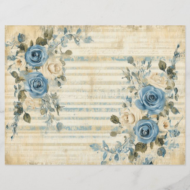 Blauw Witte Bloemen Vintage Scrapbook Papier (Voorkant)