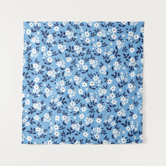 Blauw, witte bloemen:  wandkleed (Voorkant)