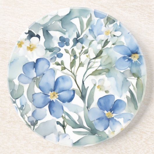 Blauw Witte Bloemen Waterverf Chic Zandsteen Onderzetter (Voorkant)