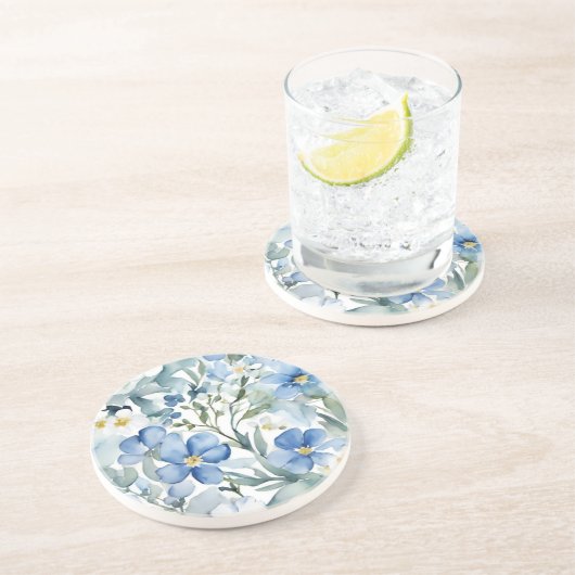 Blauw Witte Bloemen Waterverf Chic Zandsteen Onderzetter (Zijkant)