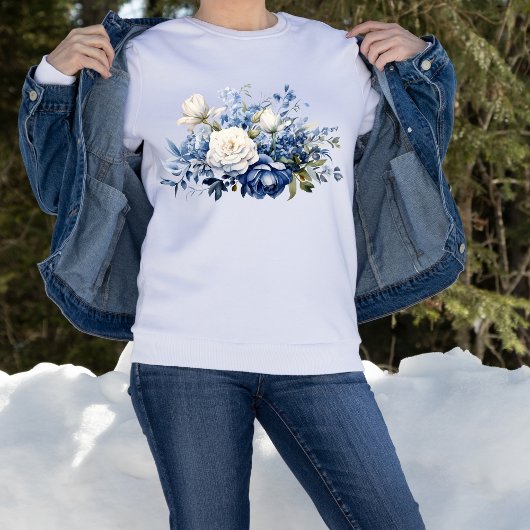 Blauw Witte Bloemen Waterverf Trui