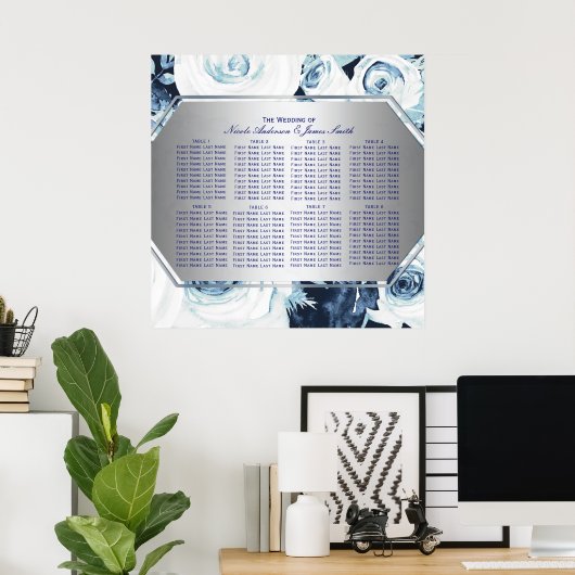 Blauw Witte Bloemen Winter Bruiloft Zitplaatsenkaa Poster (Thuiskantoor)
