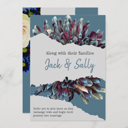 Blauw-witte bloemenbruiloft kaart (Voorkant / Achterkant)