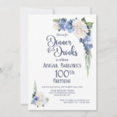 Blauw-witte bloemendiner en Drinken 100e verjaarda Kaart (Voorkant)