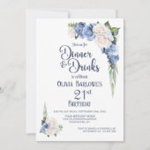 Blauw-witte bloemendiner en Drinken 21e verjaardag Kaart (Voorkant)