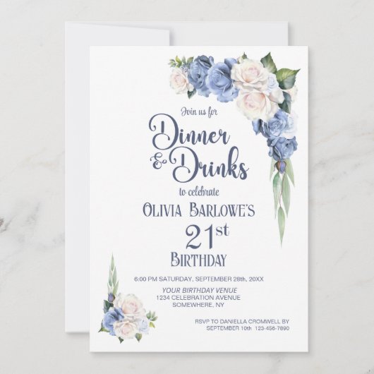 Blauw-witte bloemendiner en Drinken 21e verjaardag Kaart (Voorkant)