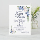 Blauw-witte bloemendiner en Drinken 21e verjaardag Kaart (Staand voorkant)