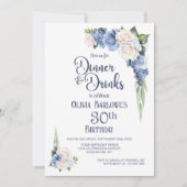 Blauw-witte bloemendiner en Drinken 30e verjaardag Kaart (Voorkant)