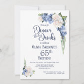 Blauw-witte bloemendiner en Drinken 65e verjaardag Kaart (Voorkant)