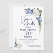 Blauw Witte Bloemendiner en Drinken 70e Verjaardag Kaart (Voorkant)