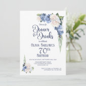 Blauw Witte Bloemendiner en Drinken 70e Verjaardag Kaart (Staand voorkant)