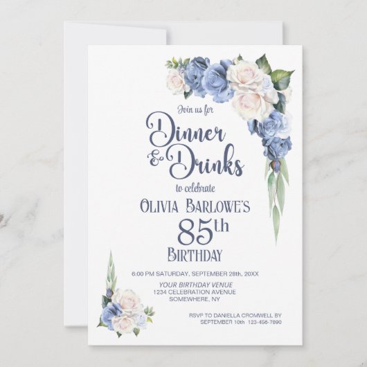 Blauw-witte bloemendiner en Drinken 85ste verjaard Kaart (Voorkant)