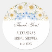 Blauw Witte Bloementuin Bruids Bruiloft Dank Je We Ronde Sticker (Voorkant)