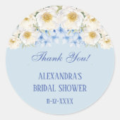 Blauw Witte Bloementuin Bruids Bruiloft Dank Je We Ronde Sticker (Voorkant)