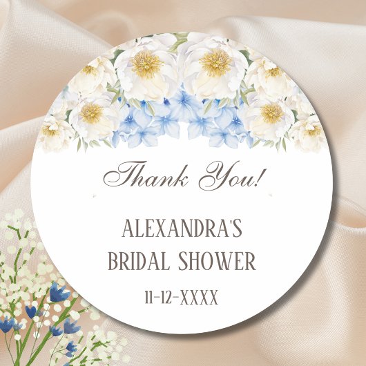 Blauw Witte Bloementuin Bruids Bruiloft Dank Je We Ronde Sticker