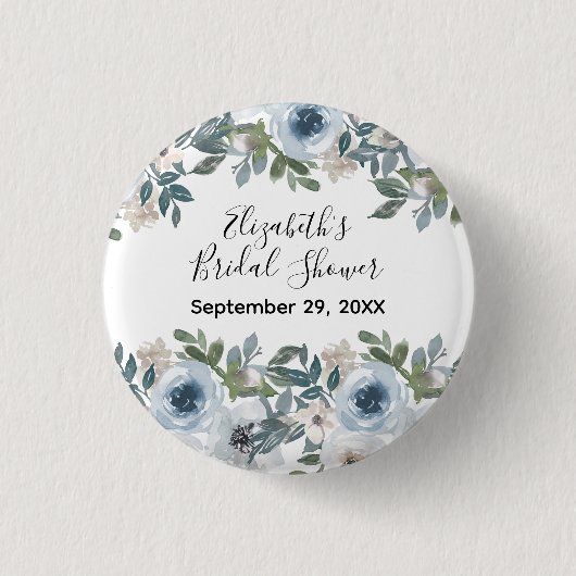 Blauw Witte Bloemige Aquarel Bruiloftsdouche Ronde Button 3,2 Cm (Voorkant)