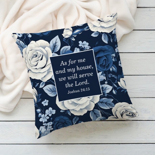 Blauw Witte Bloemige Bijbeltekst Christelijk  Kussen (Navy blue white floral Christian Bible verse decorator pillow)