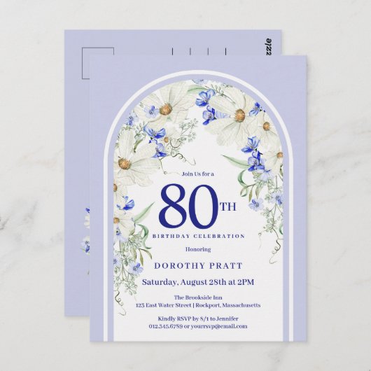 Blauw Witte Bloemige Boho Boog 80ste Verjaardagsfe Briefkaart (Voorkant / Achterkant)