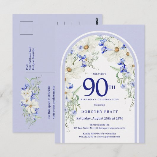 Blauw Witte Bloemige Boho Boog 90ste Verjaardagsfe Briefkaart (Voorkant / Achterkant)