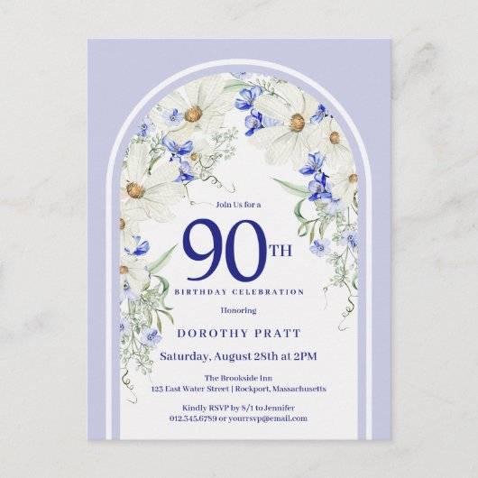 Blauw Witte Bloemige Boho Boog 90ste Verjaardagsfe Briefkaart (Voorkant)