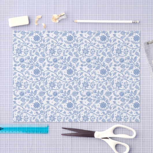 Blauw Witte Bloemige Boho Botanische Patroon Whims Tissuepapier (Craft)