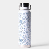 Blauw Witte Bloemige Boho Botanische Patroon Whims Waterfles (Achterkant)