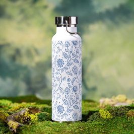 Blauw Witte Bloemige Boho Botanische Patroon Whims Waterfles