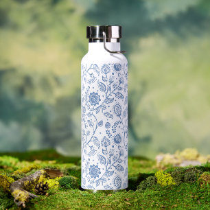 Blauw Witte Bloemige Boho Botanische Patroon Whims Waterfles