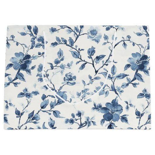 Blauw Witte Bloemige Bruidsborrel Groot Cadeauzakje (Voorkant)