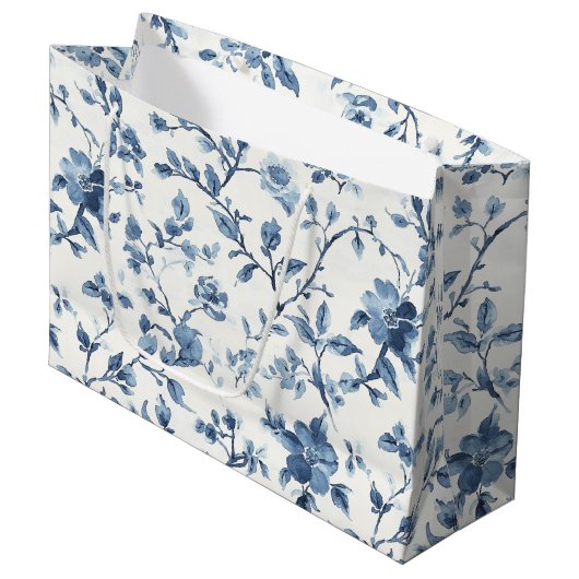 Blauw Witte Bloemige Bruidsdouche Groot Cadeauzakje (Voorkant Gekanteld)