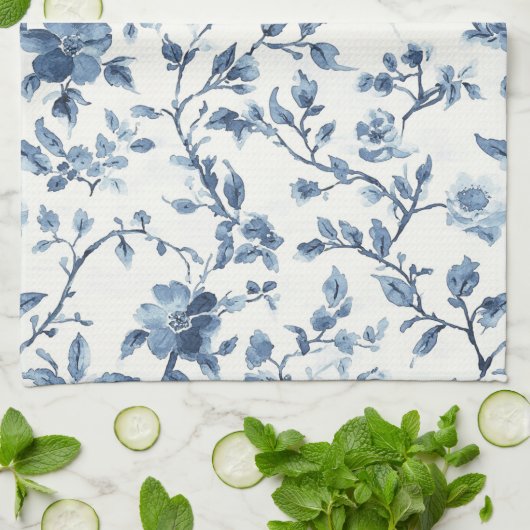 Blauw Witte Bloemige Bruiloftsdouche Theedoek (Gevouwen)
