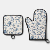 Blauw Witte Bloemige Bruiloftsontvangst Ovenwant & Pannenlap Set (Voorkant)