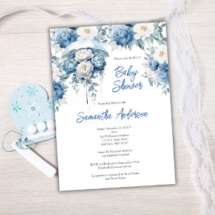 Blauw Witte Bloemige Paraplu Jongen Baby Shower Kaart