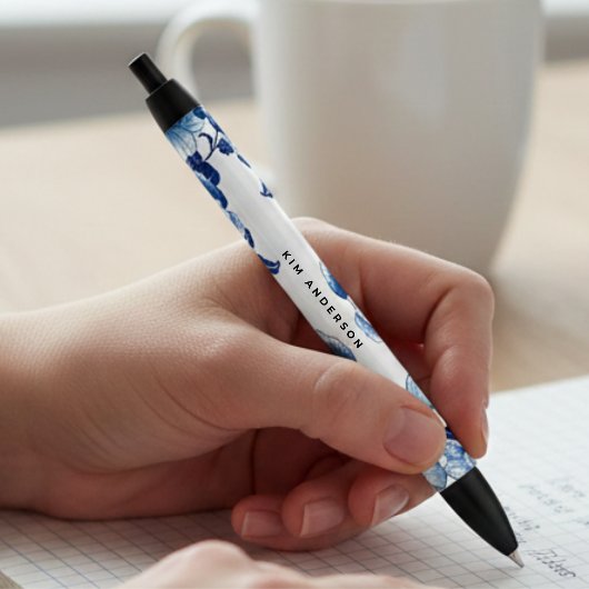 Blauw Witte Bloemige Pen met Aanpasbare Naam