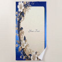 Blauw Witte Bloemige Sierrand Strandhanddoek