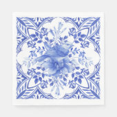 Blauw-witte bloemige Tegel met vogelservetten Servet (Voorkant)
